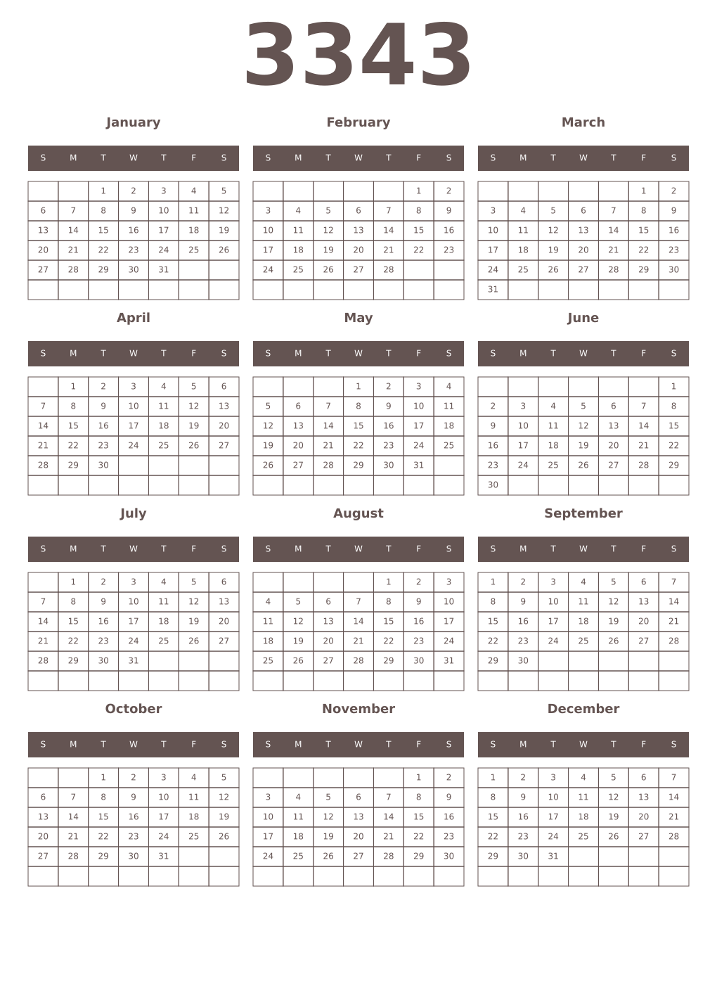 Printable 3343 Year Calendars wenge