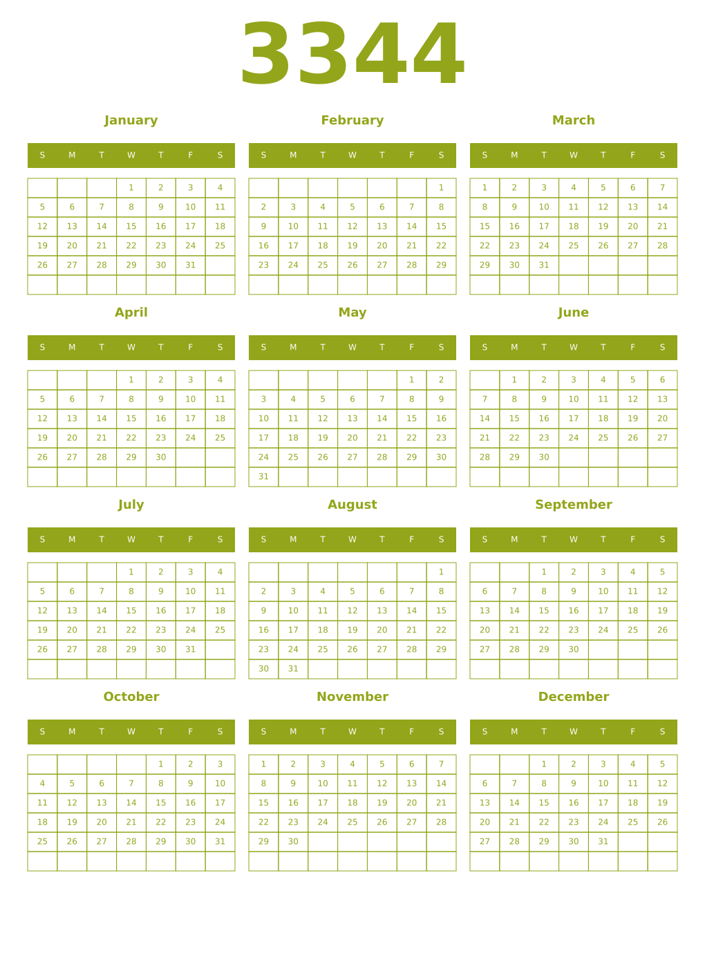Printable 3344 Year Calendars chartreuse