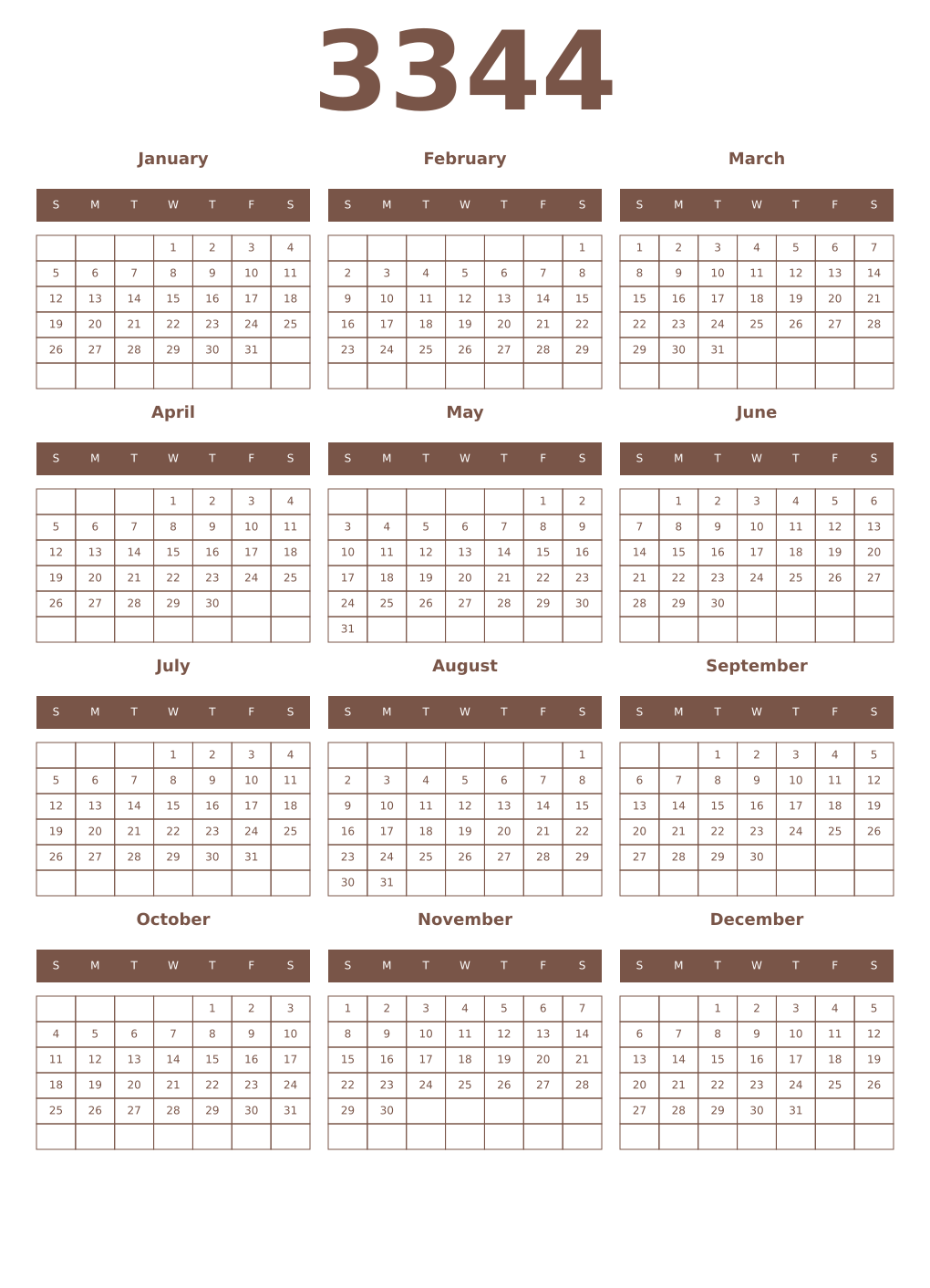 Printable 3344 Year Calendars coffe