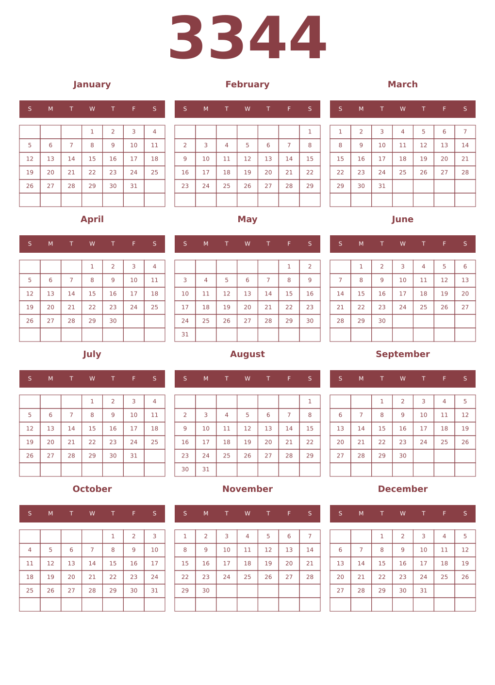 Printable 3344 Year Calendars cordovan
