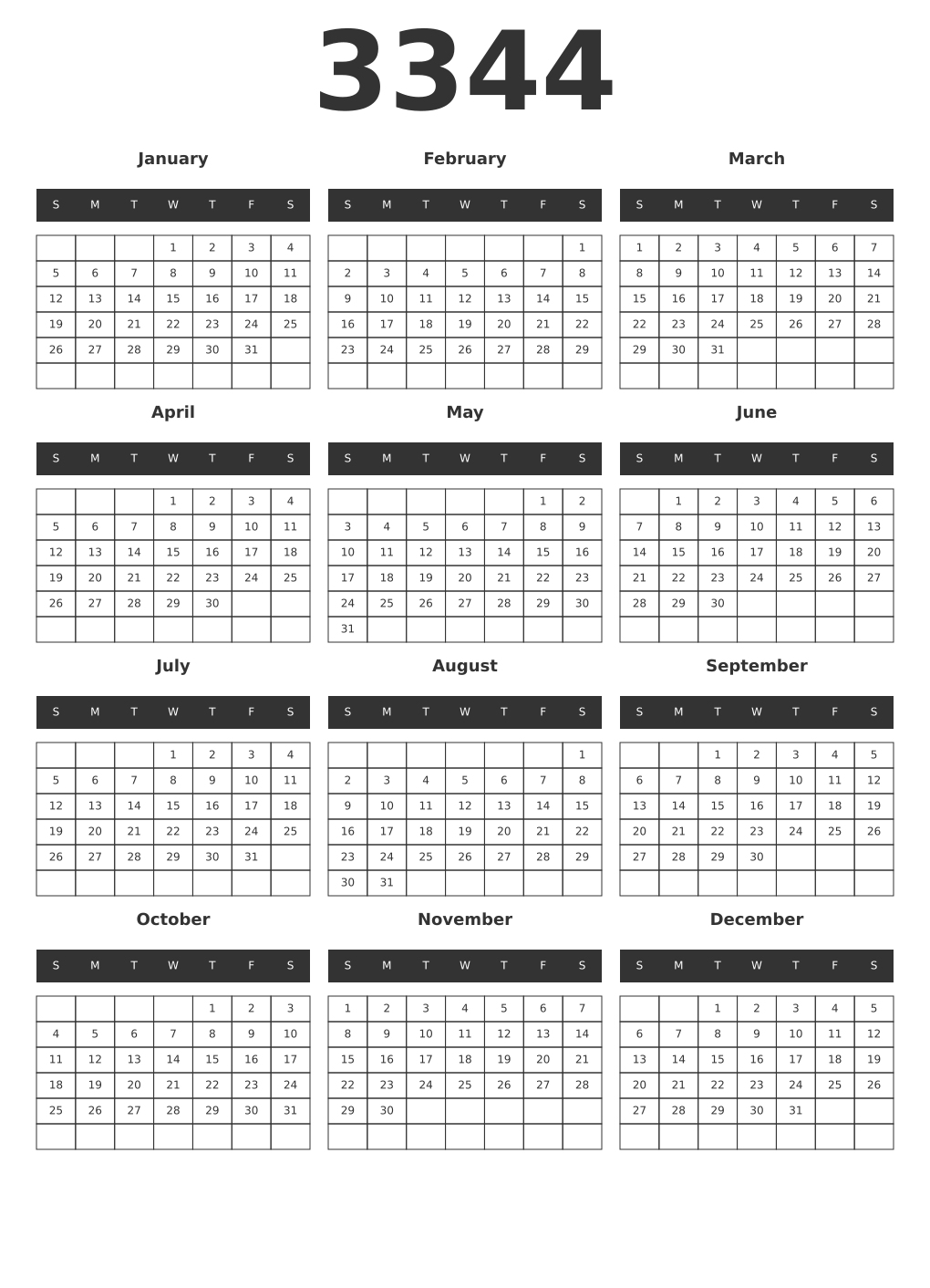 Printable 3344 Year Calendars dark
