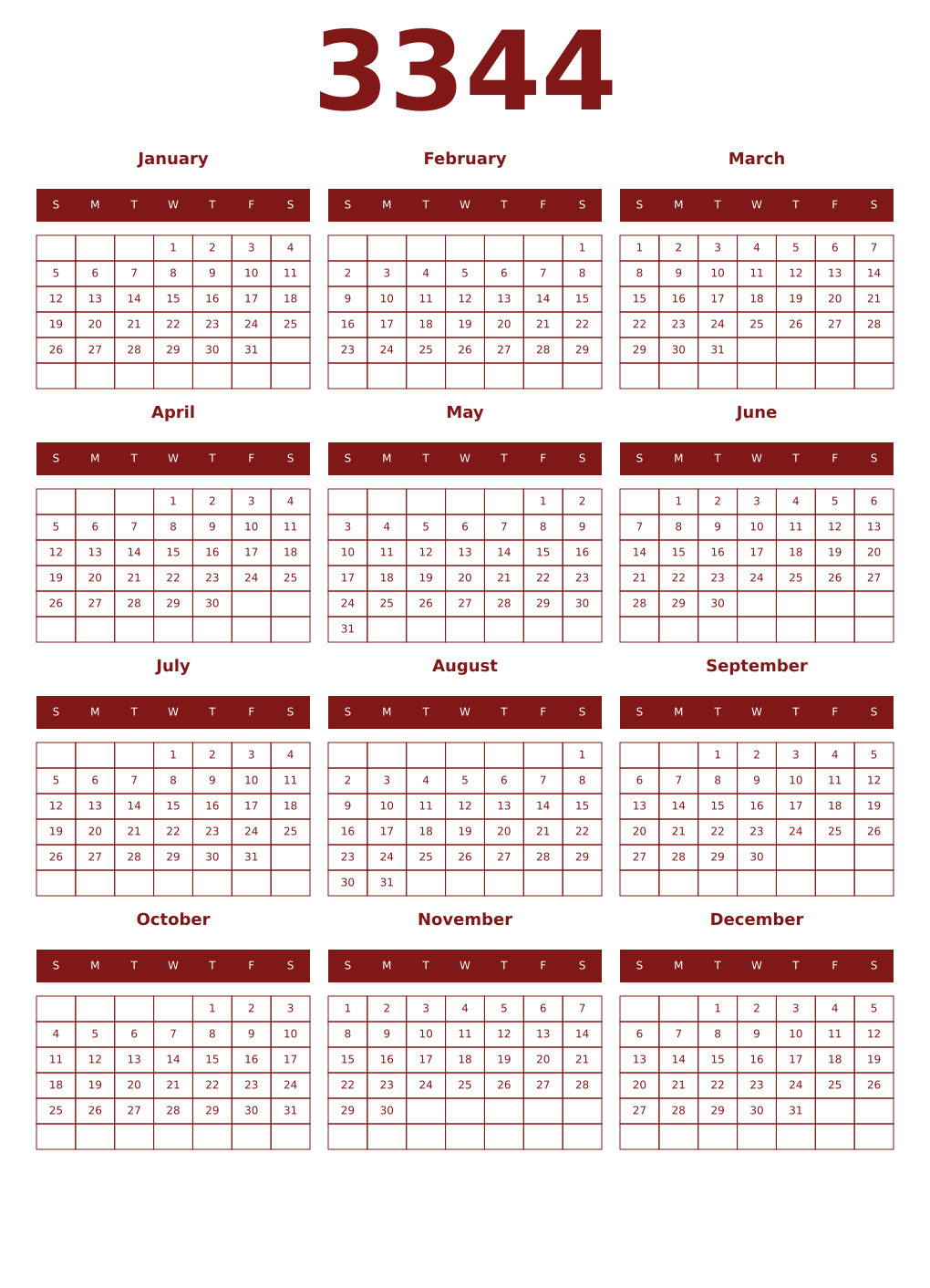 Printable 3344 Year Calendars falu