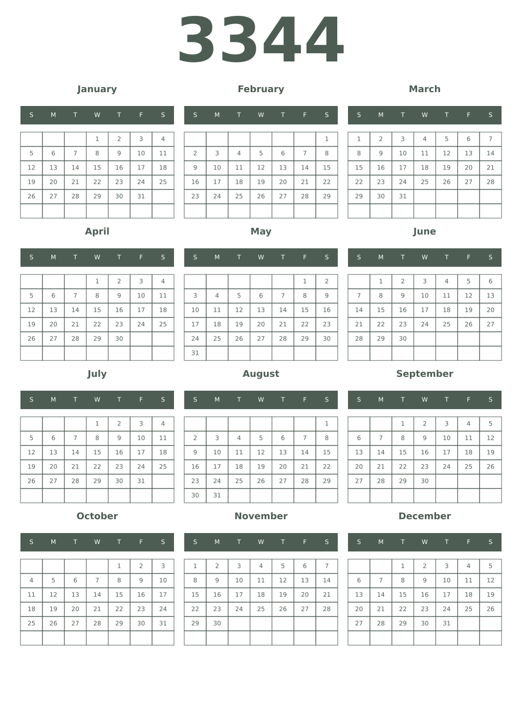 Printable 3344 Year Calendars feldgrau