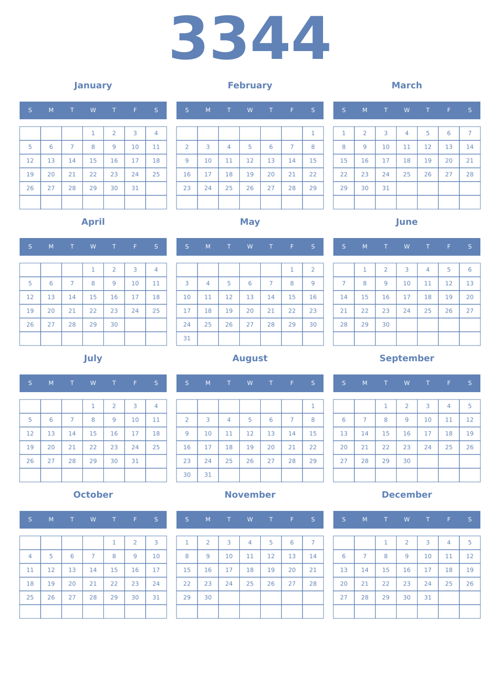 Printable 3344 Year Calendars glaucous