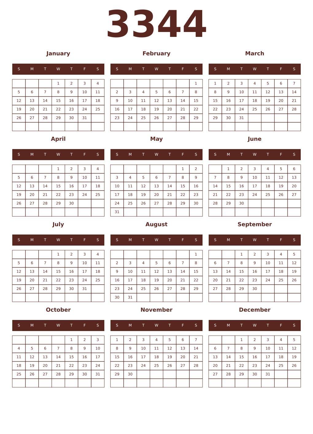 Printable 3344 Year Calendars mortuum