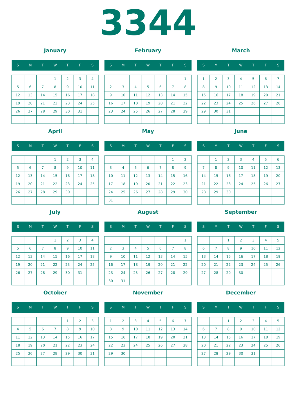 Printable 3344 Year Calendars pastel
