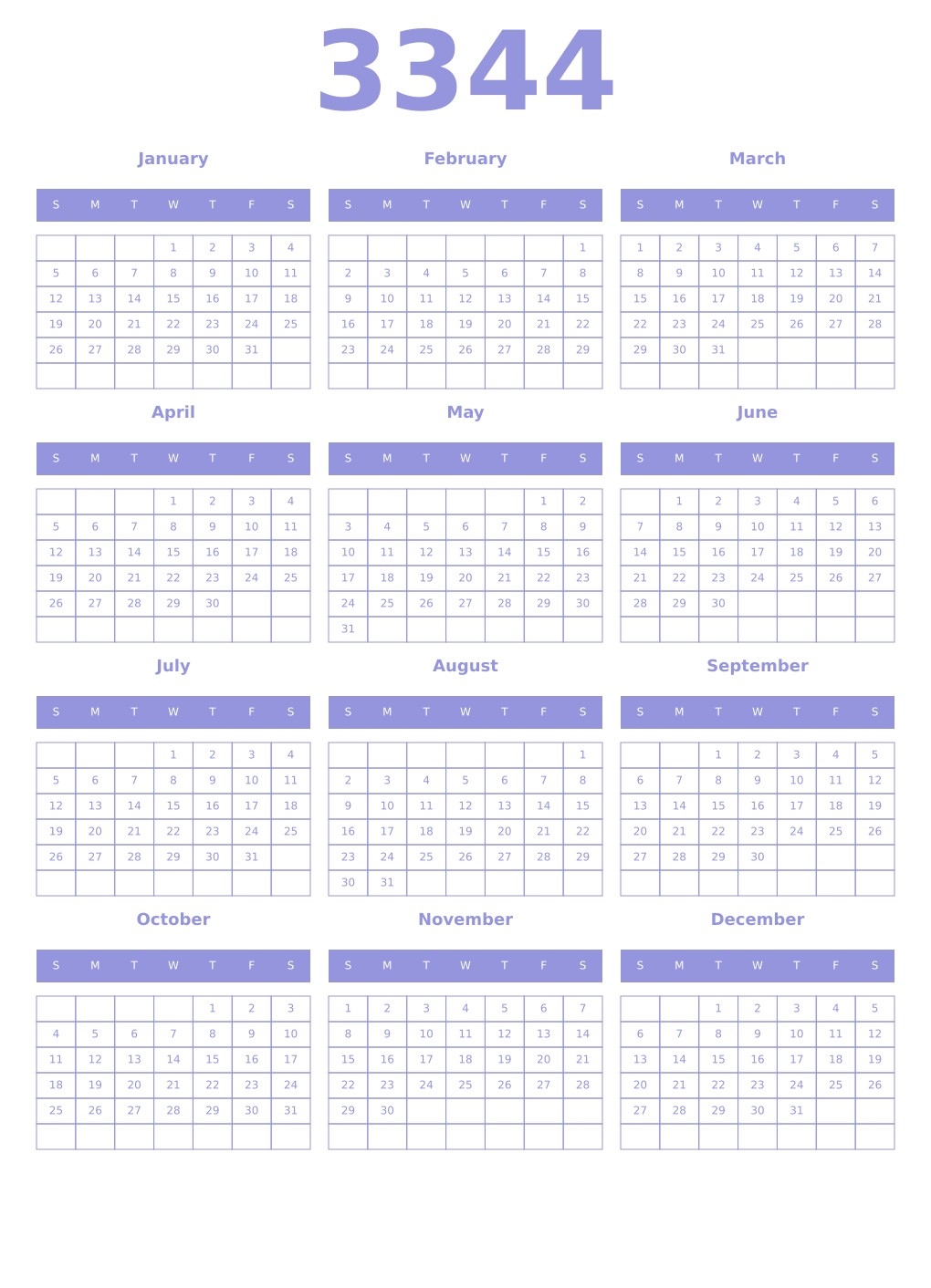 Printable 3344 Year Calendars periwinkle