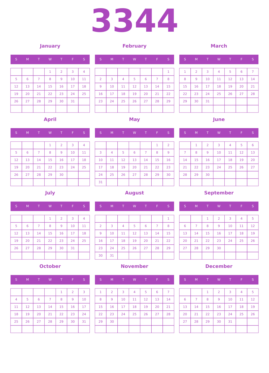 Printable 3344 Year Calendars purple