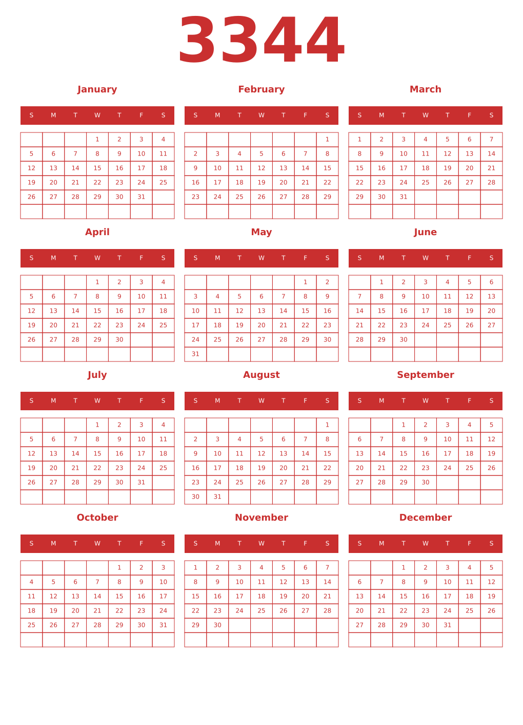 Printable 3344 Year Calendars red