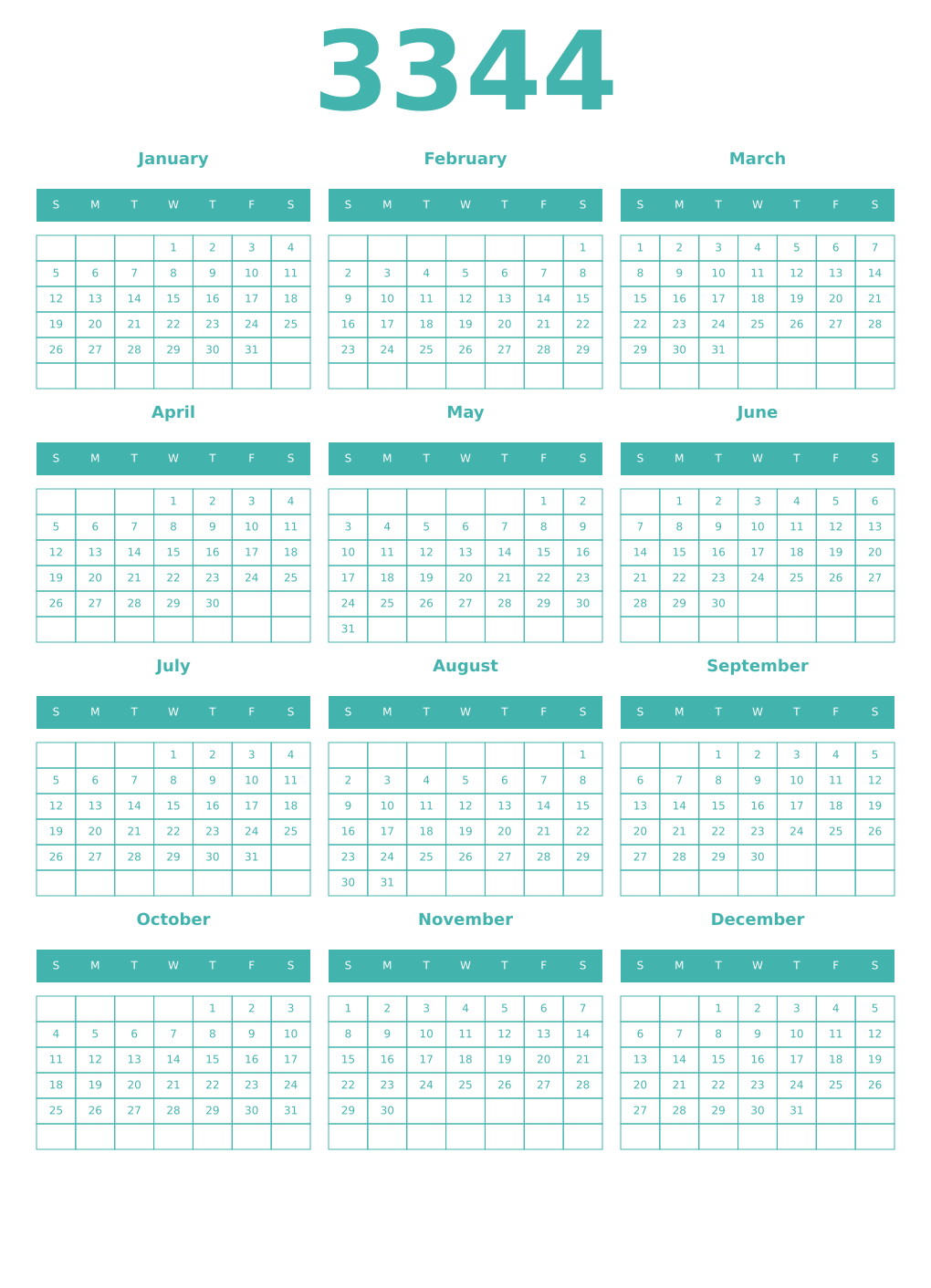 Printable 3344 Year Calendars verdigris