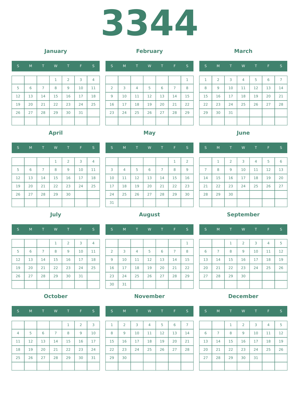 Printable 3344 Year Calendars viridian