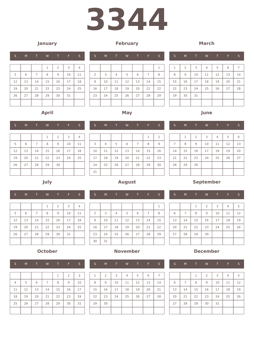 Printable 3344 Year Calendars wenge