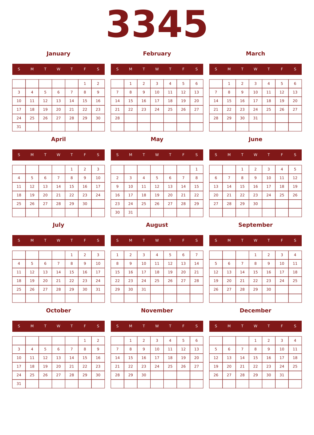 Printable 3345 Year Calendars falu