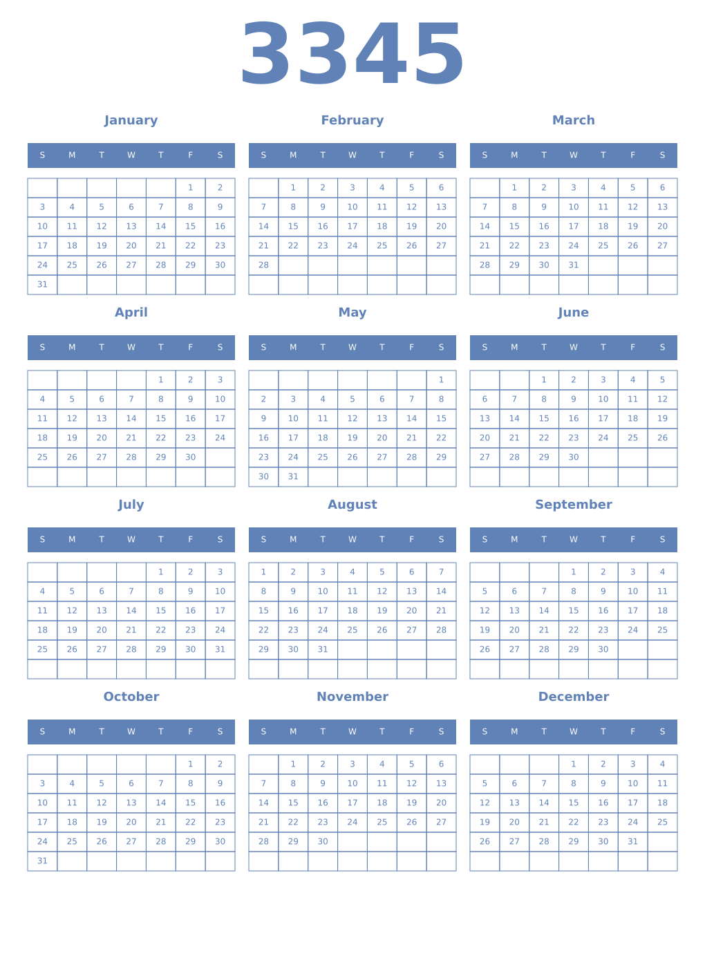 Printable 3345 Year Calendars glaucous