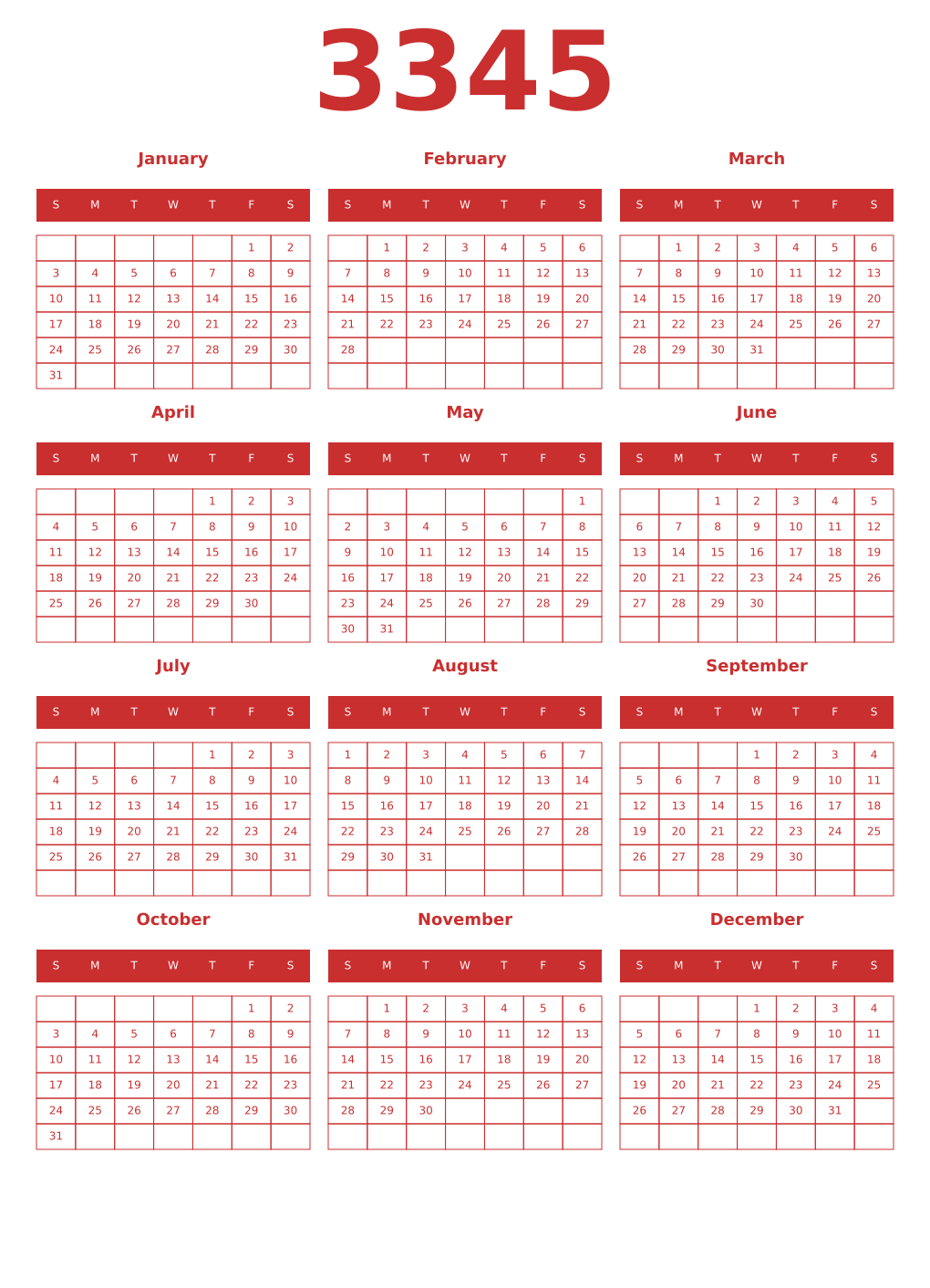 Printable 3345 Year Calendars red