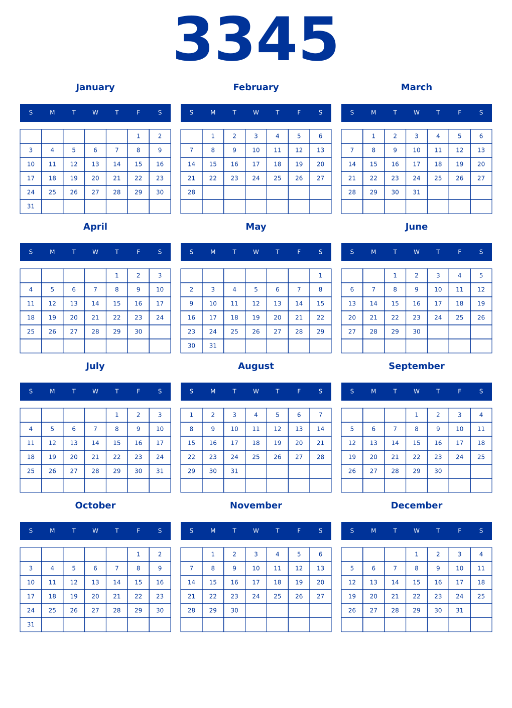 Printable 3345 Year Calendars smalt