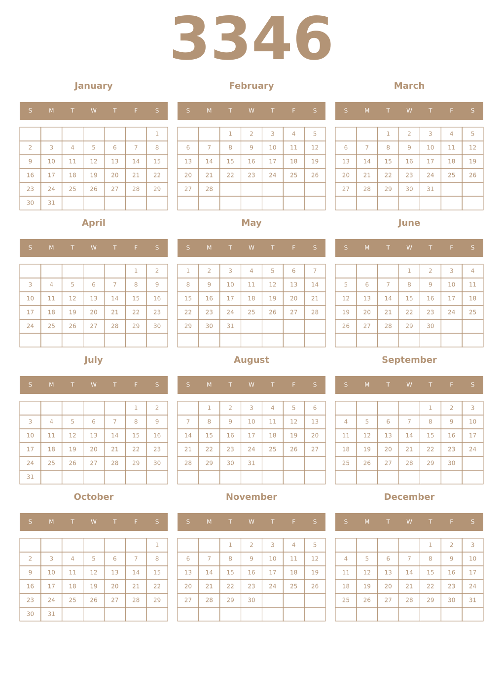 Printable 3346 Year Calendars isabelline