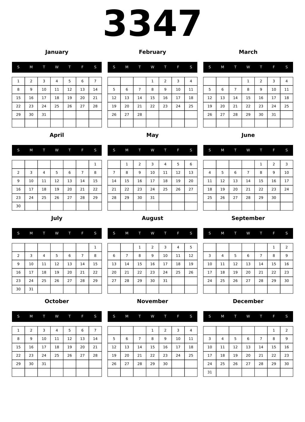 Printable 3347 Year Calendars black