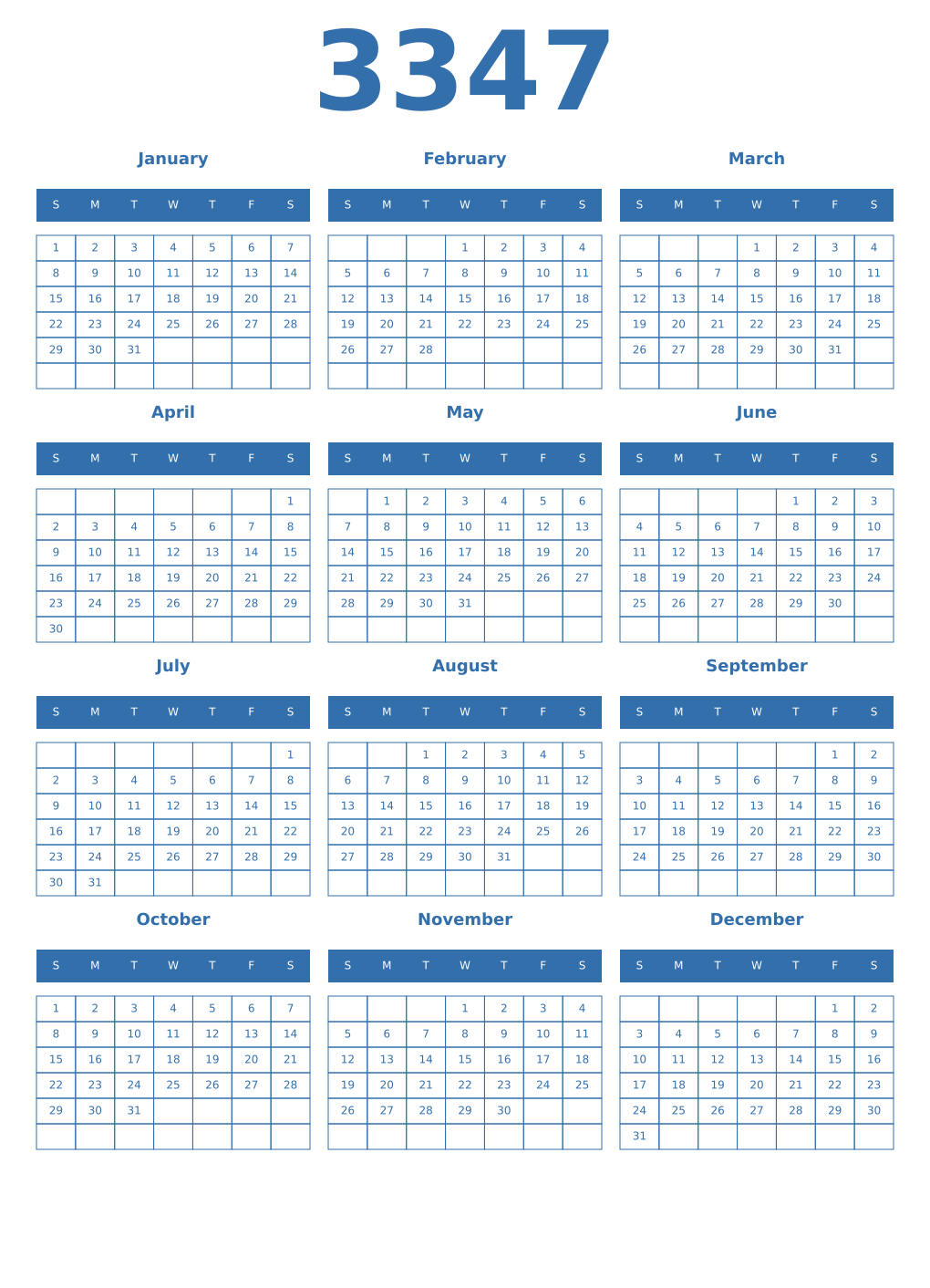 Printable 3347 Year Calendars blue