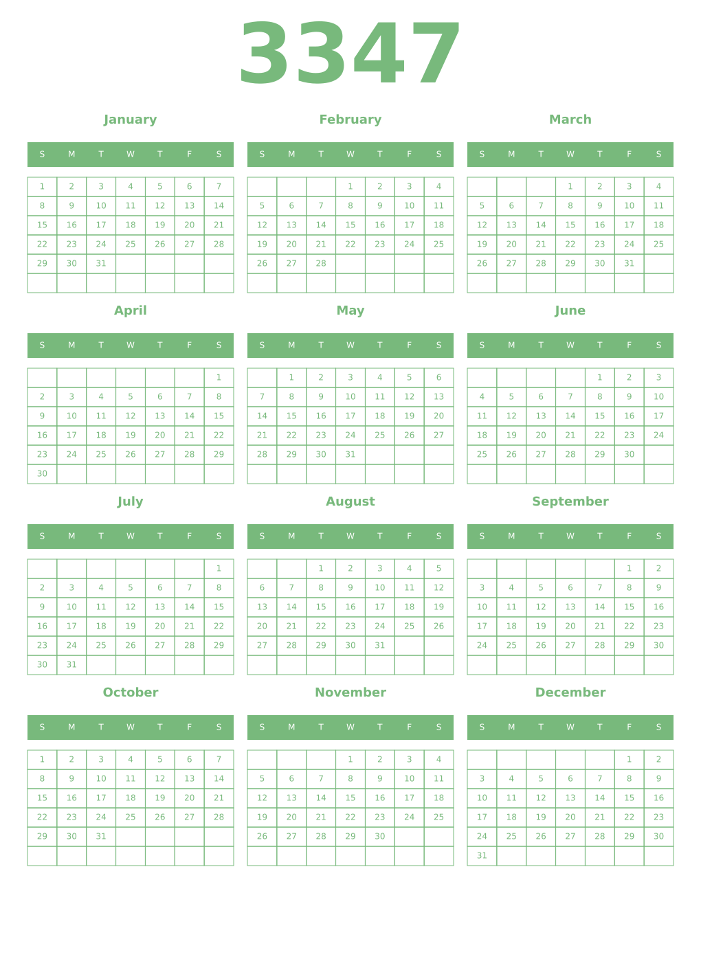 Printable 3347 Year Calendars celadon
