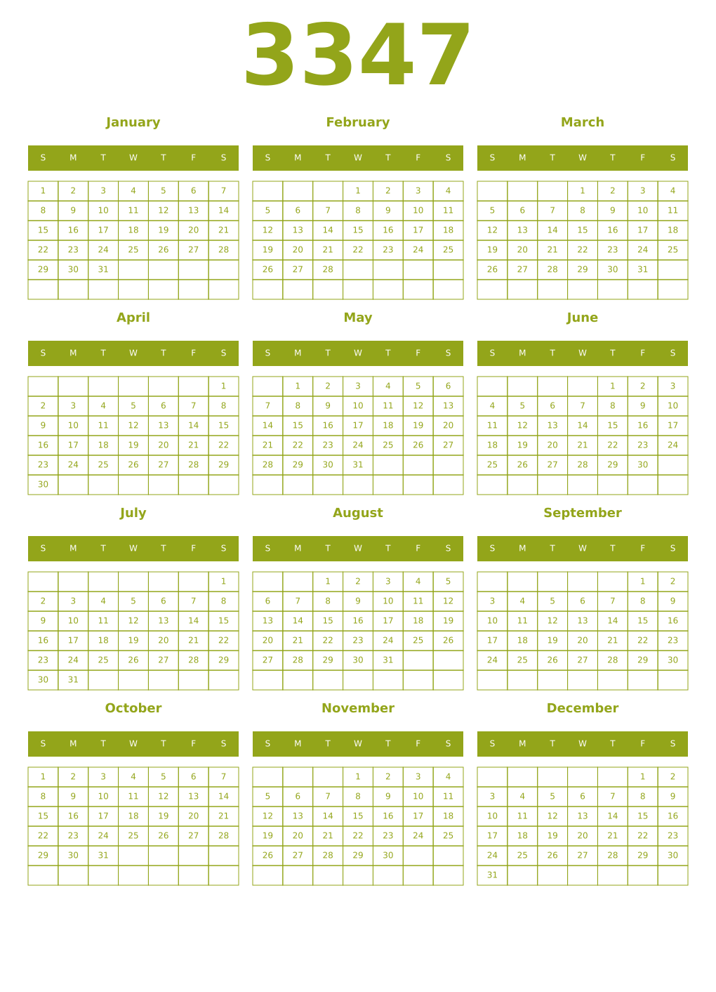 Printable 3347 Year Calendars chartreuse