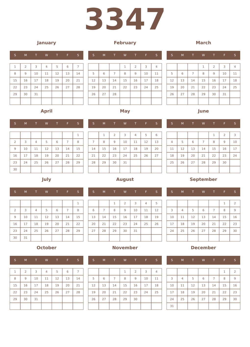 Printable 3347 Year Calendars coffe