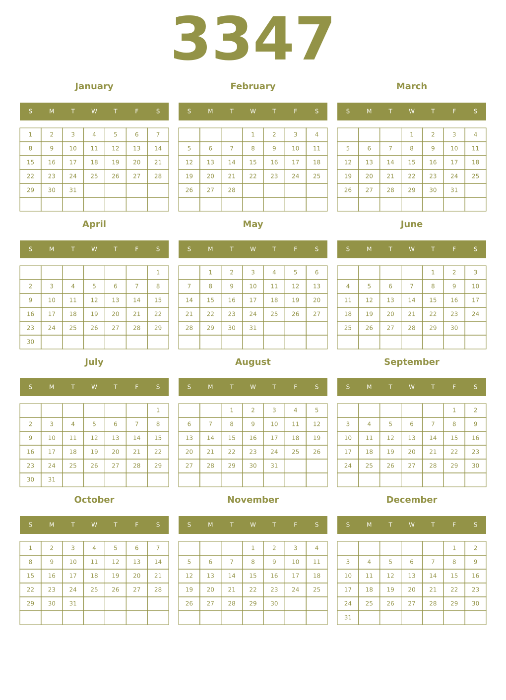 Printable 3347 Year Calendars eburnean
