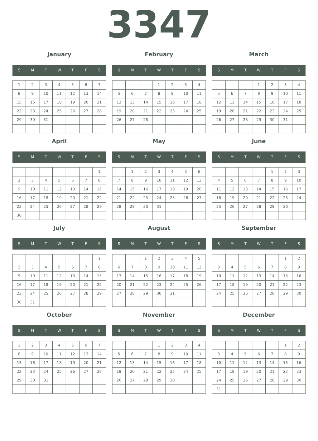 Printable 3347 Year Calendars feldgrau