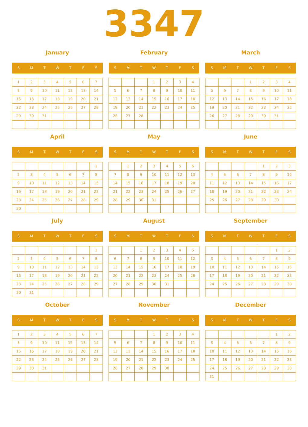 Printable 3347 Year Calendars gamboge