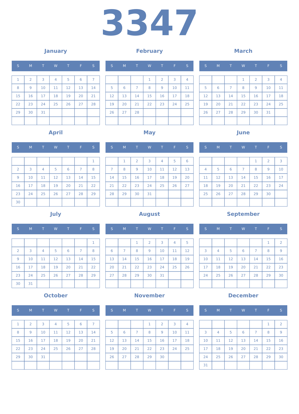 Printable 3347 Year Calendars glaucous
