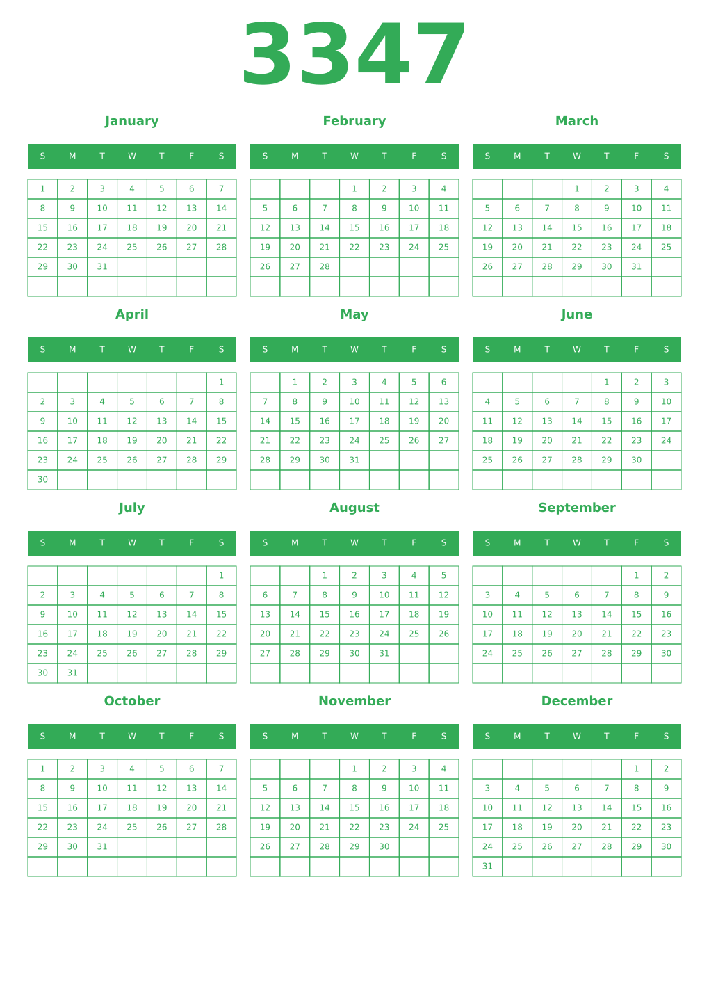 Printable 3347 Year Calendars green