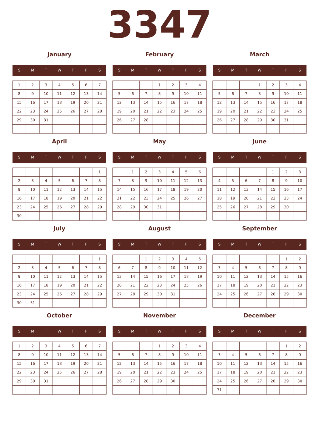 Printable 3347 Year Calendars mortuum