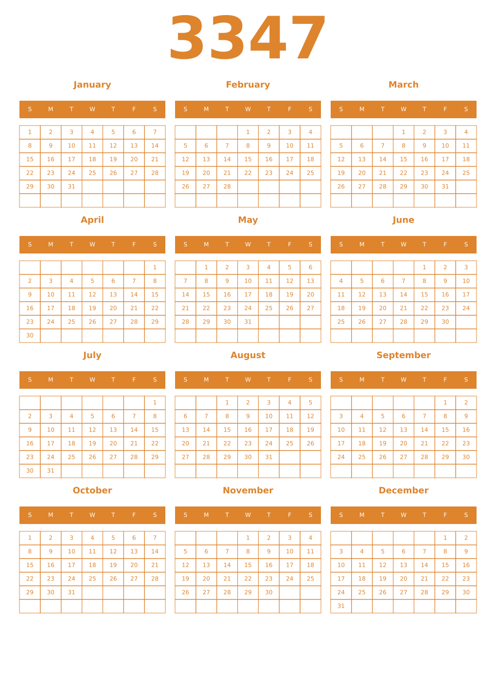 Printable 3347 Year Calendars orange