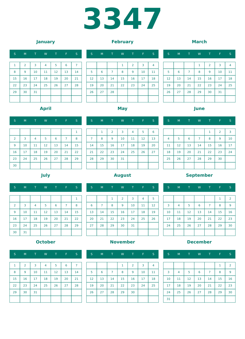 Printable 3347 Year Calendars pastel
