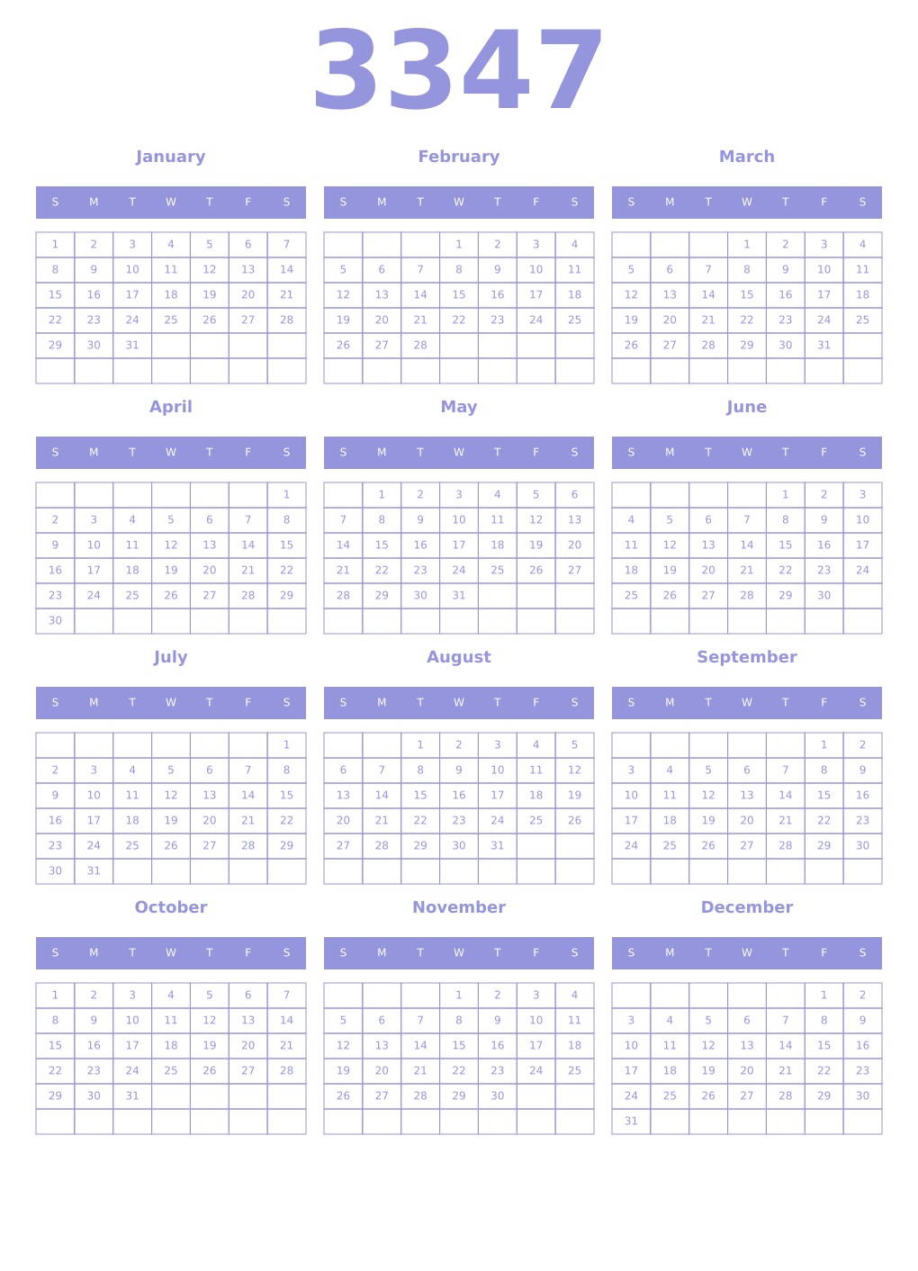 Printable 3347 Year Calendars periwinkle