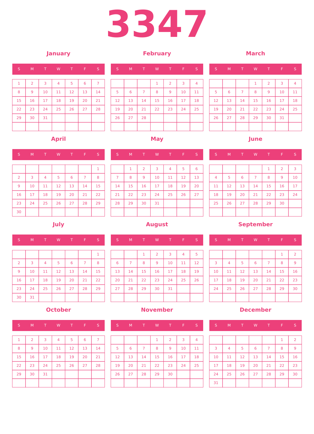 Printable 3347 Year Calendars pink