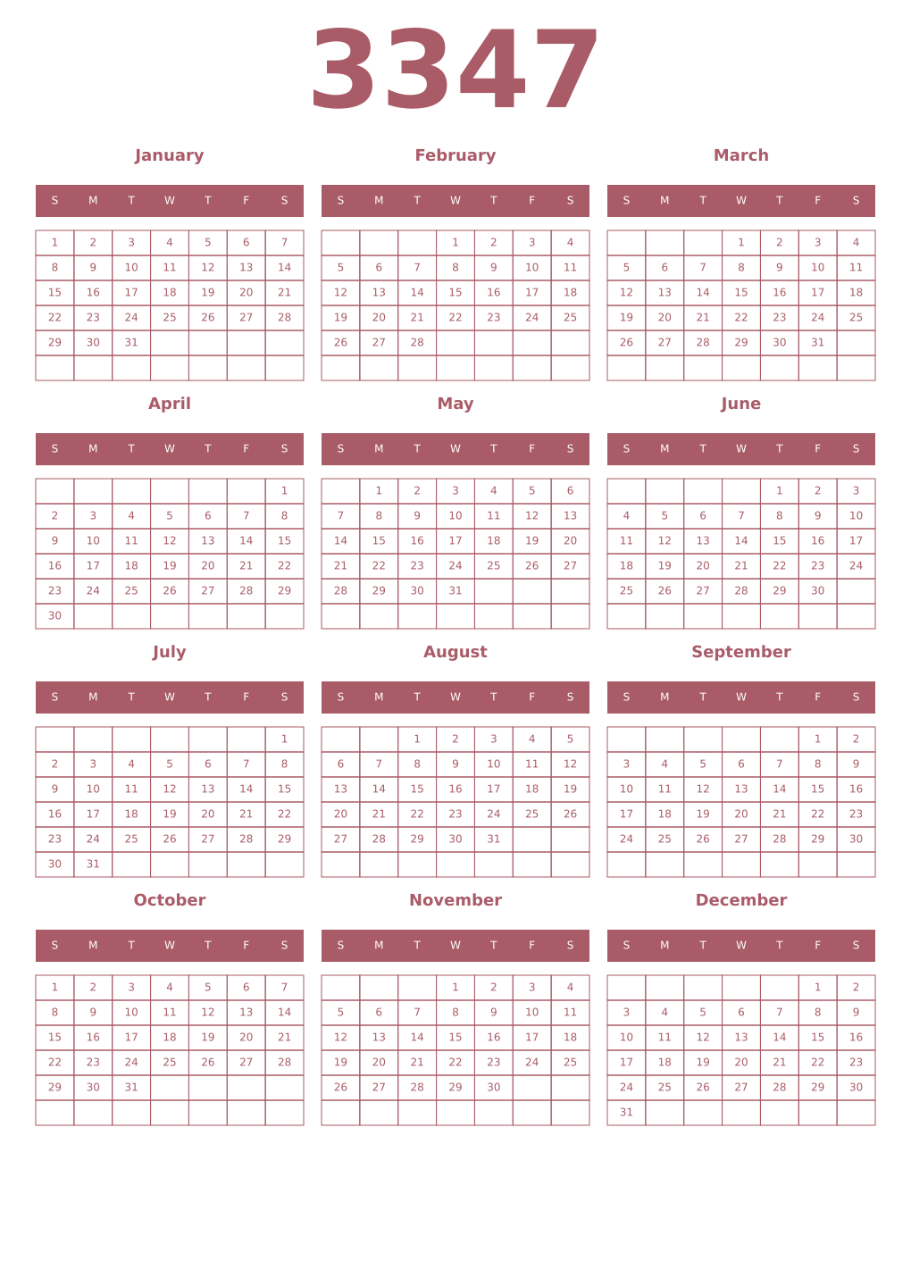 Printable 3347 Year Calendars puce