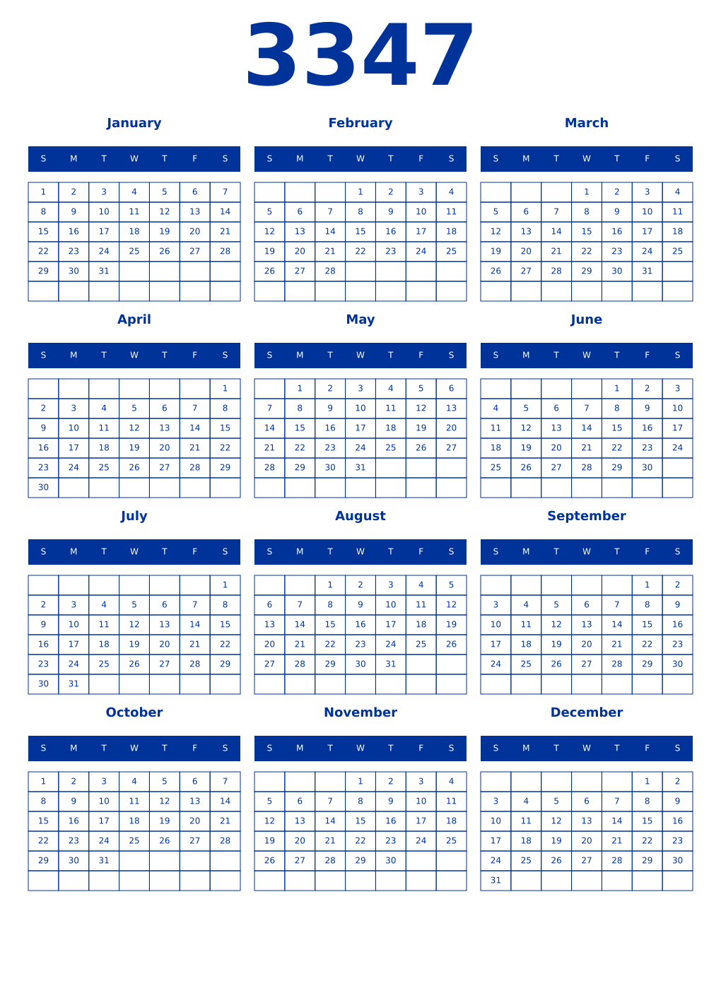 Printable 3347 Year Calendars smalt