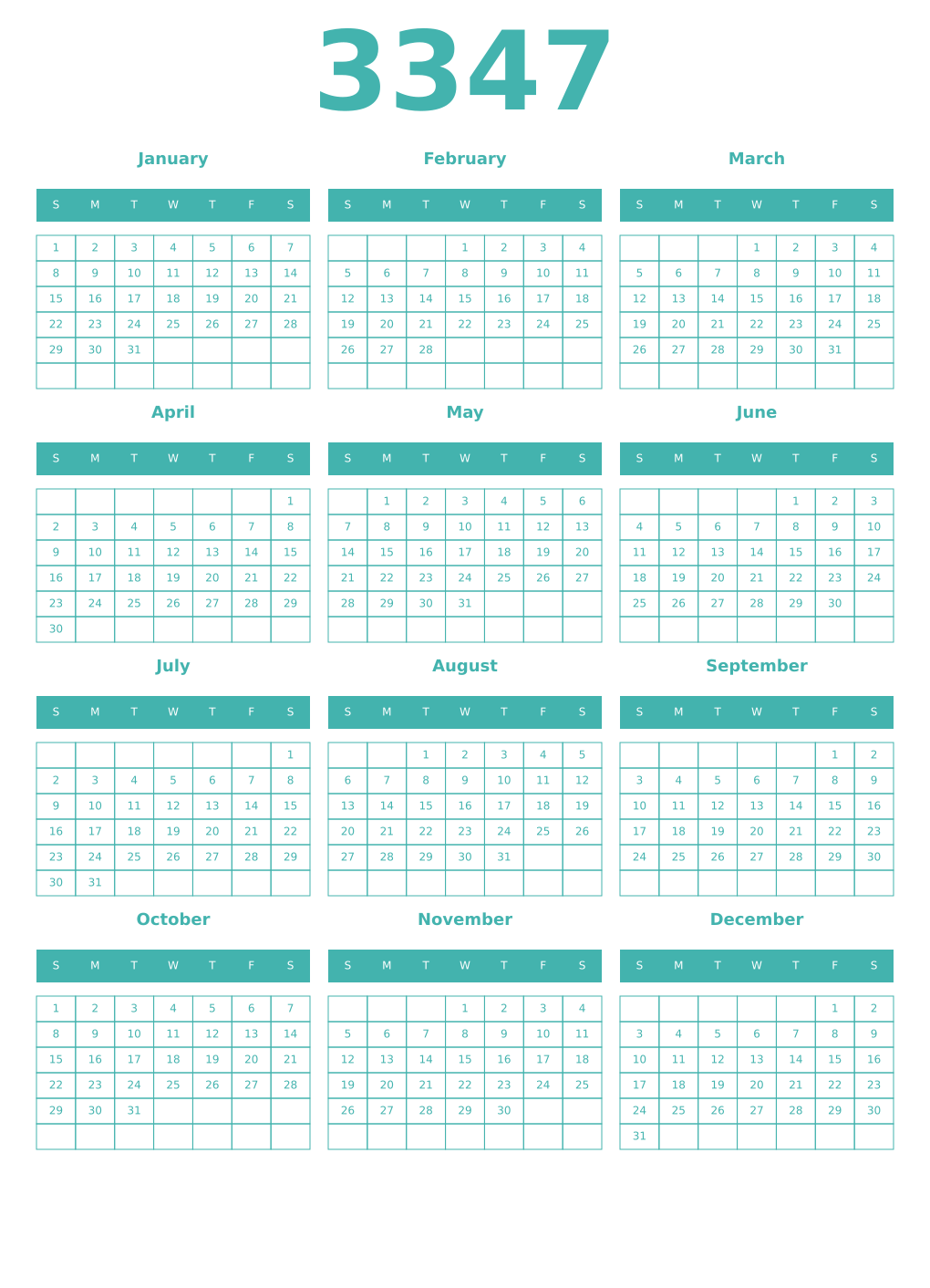 Printable 3347 Year Calendars verdigris