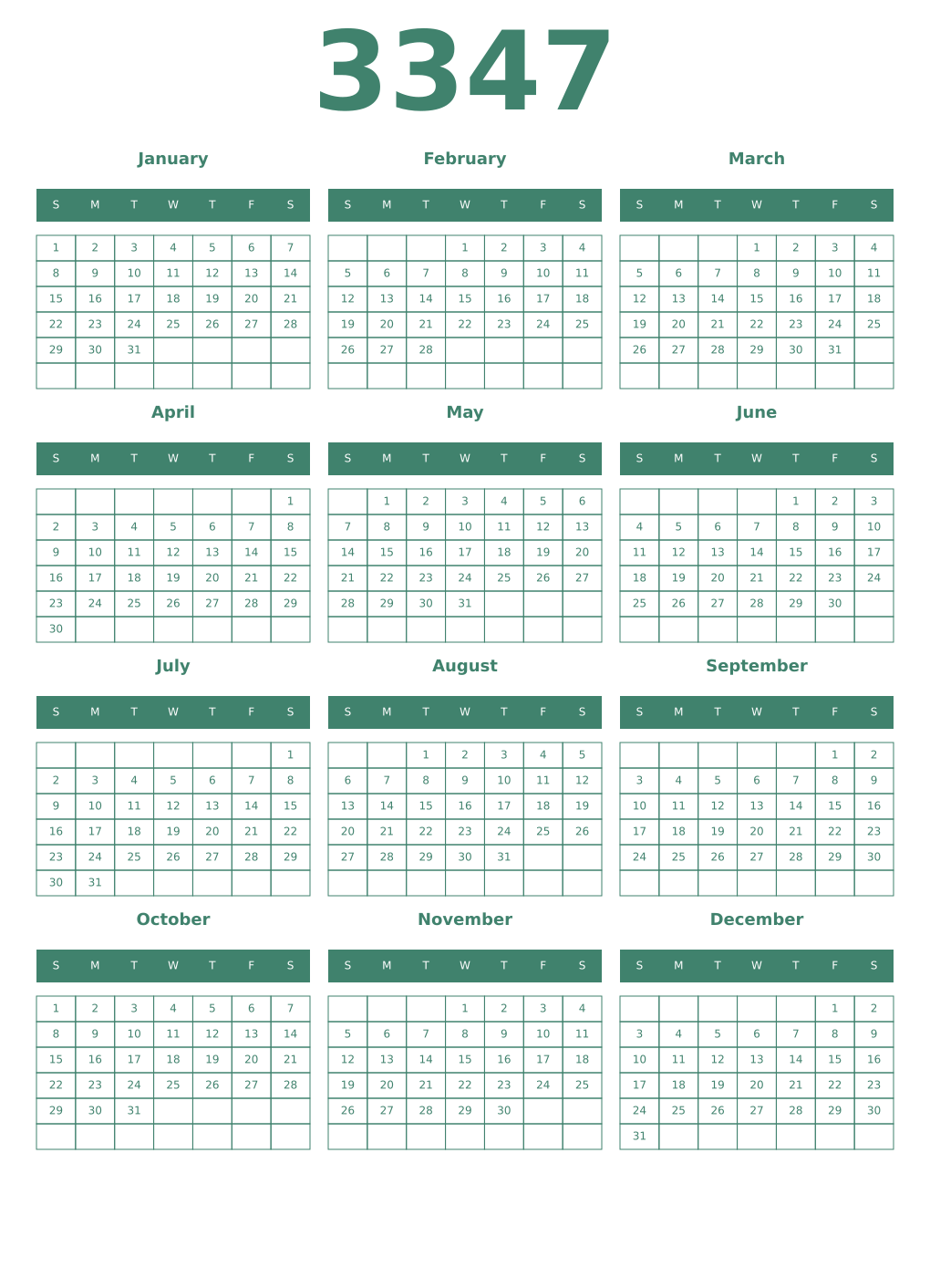 Printable 3347 Year Calendars viridian