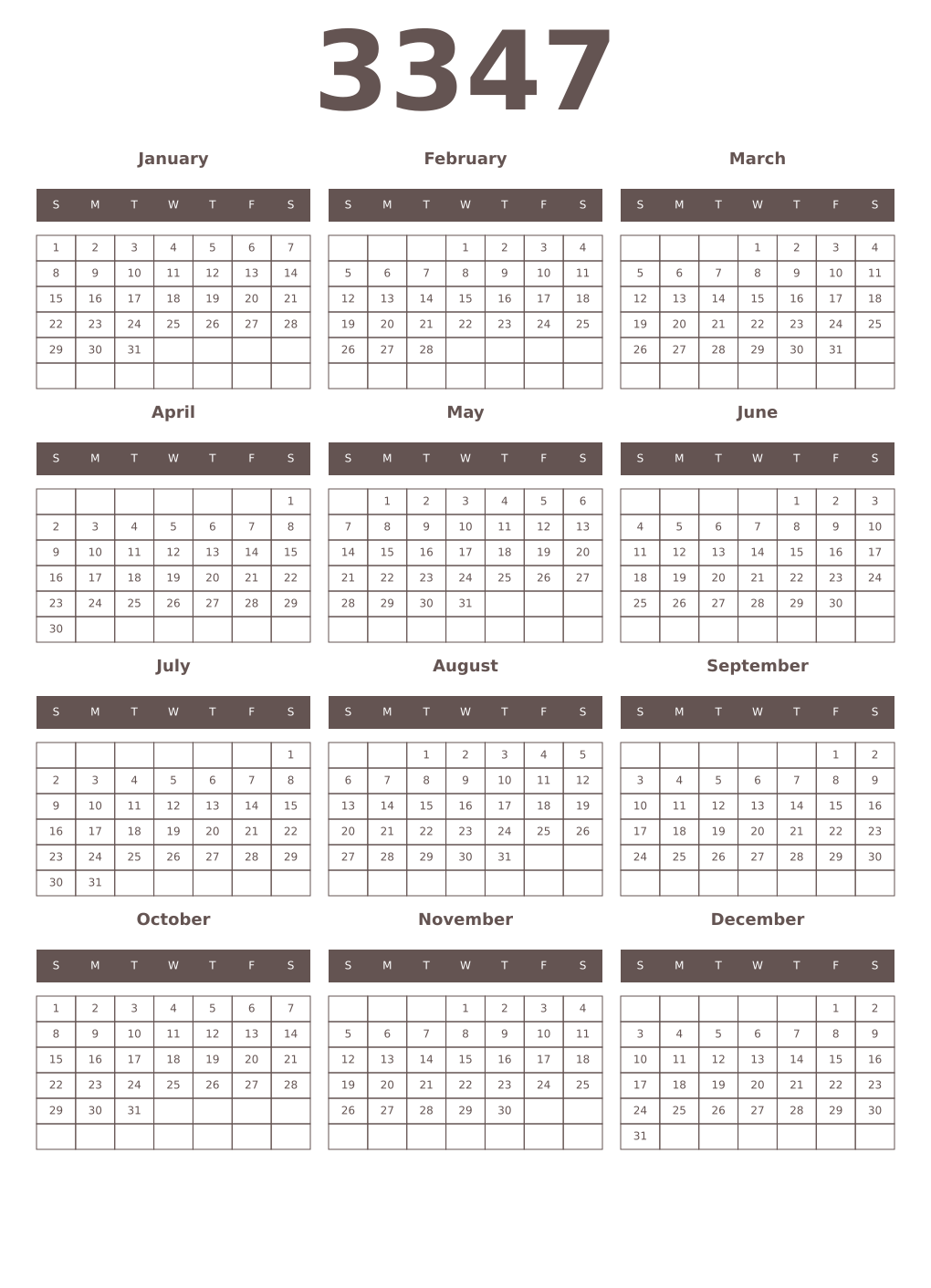 Printable 3347 Year Calendars wenge