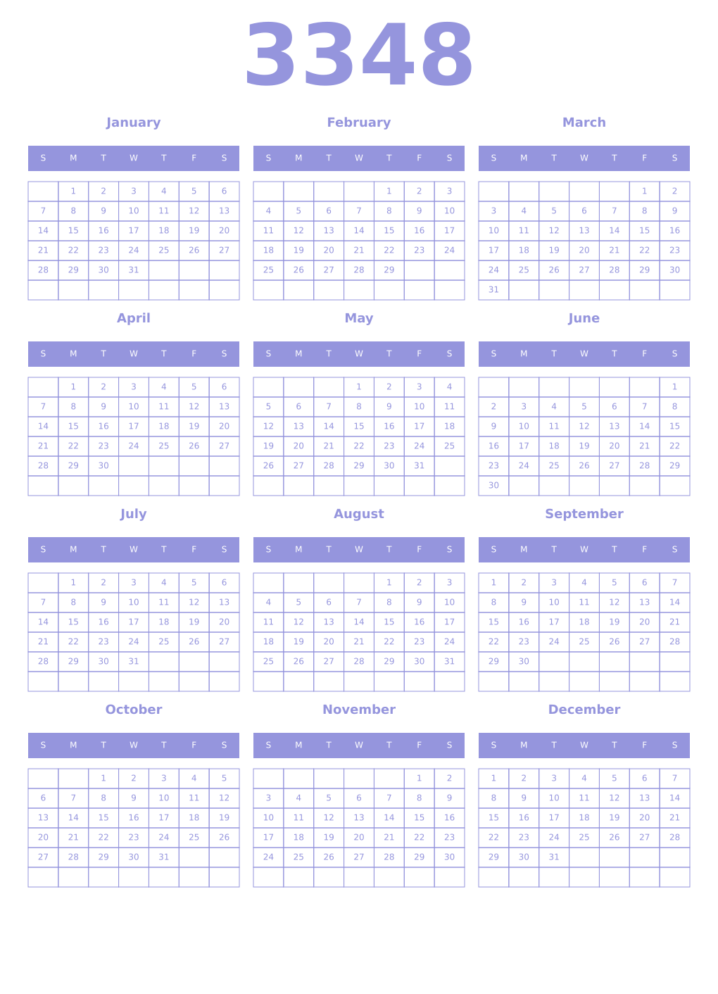 Printable 3348 Year Calendars periwinkle