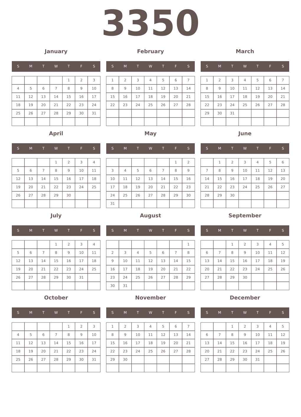 Printable 3350 Year Calendars wenge