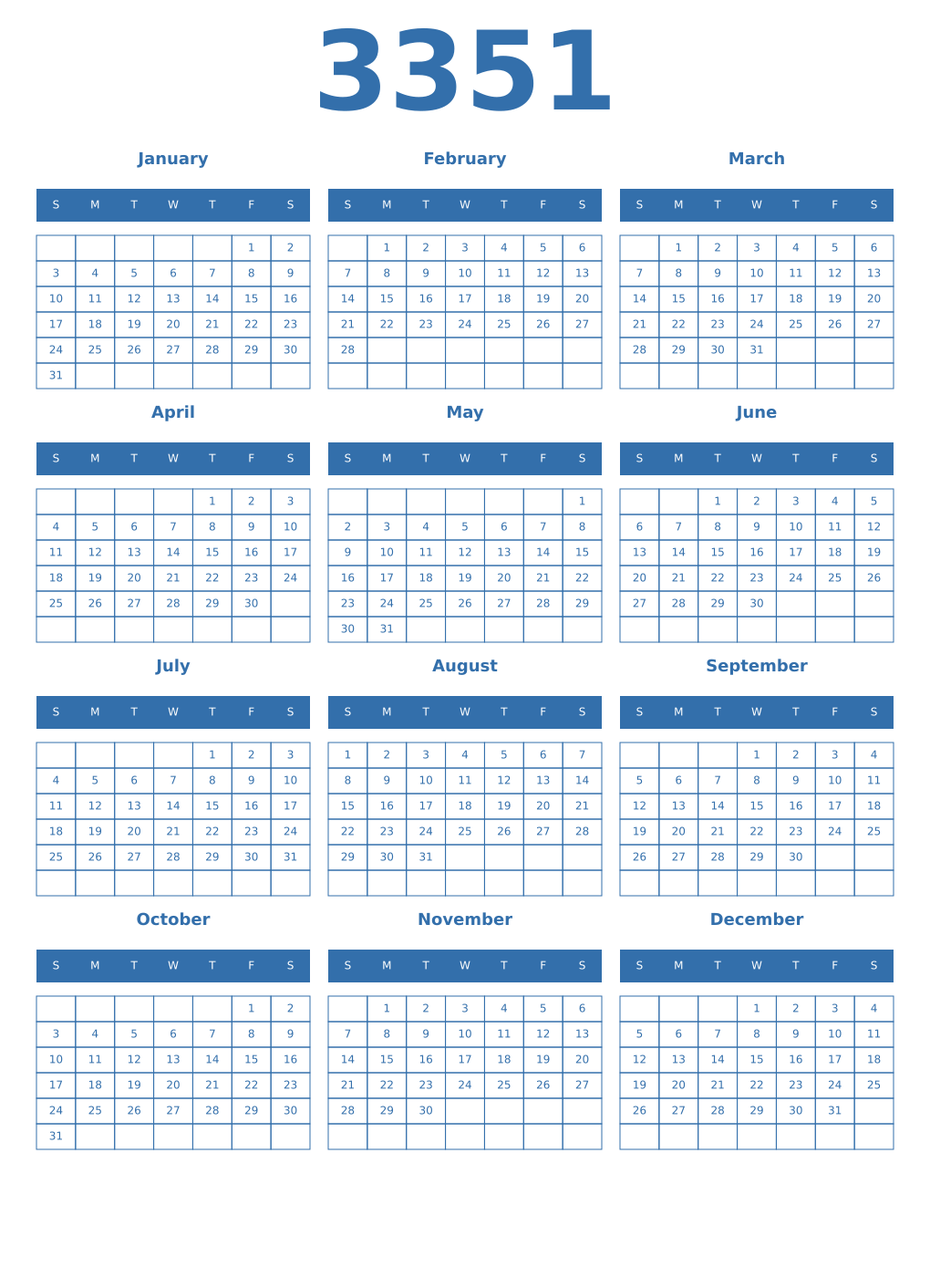 Printable 3351 Year Calendars blue