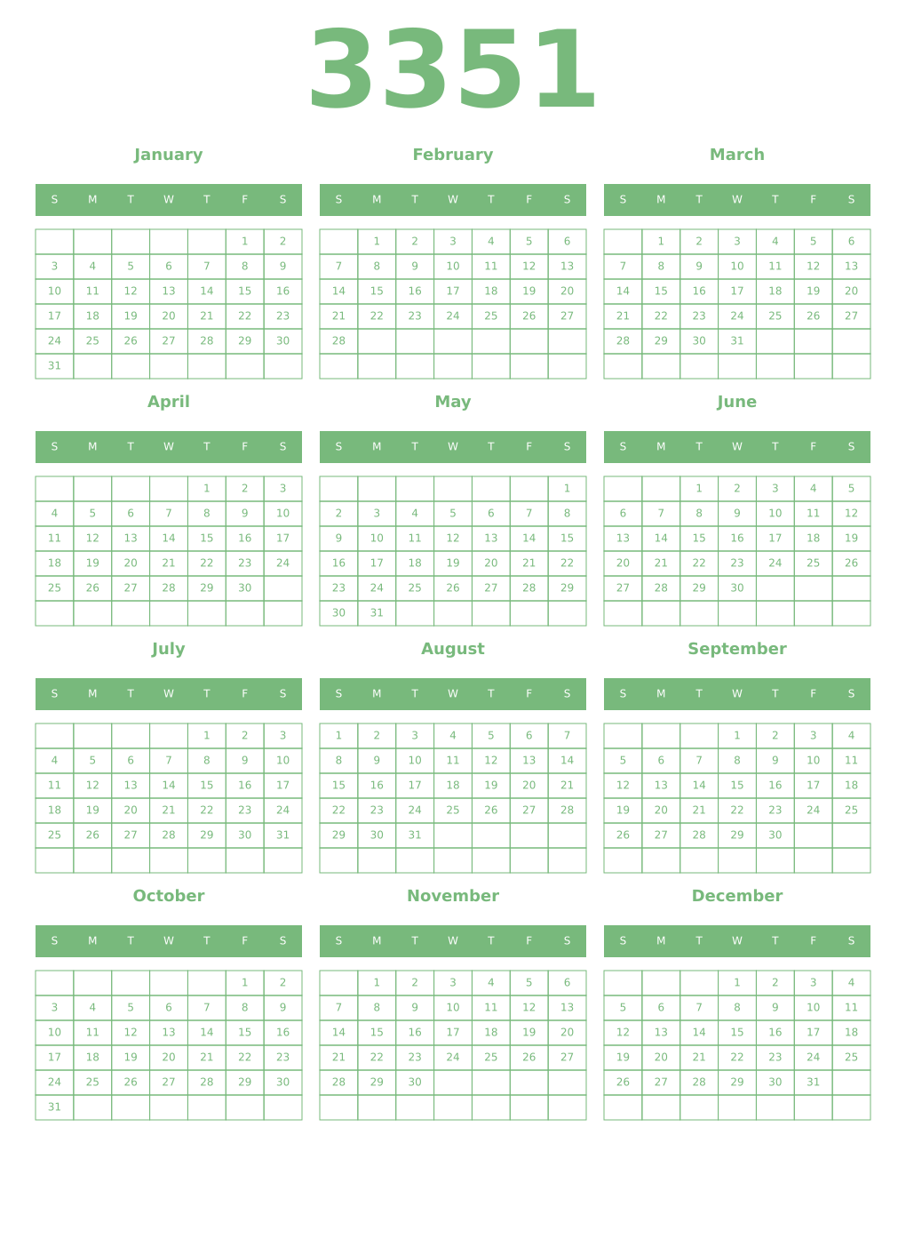 Printable 3351 Year Calendars celadon