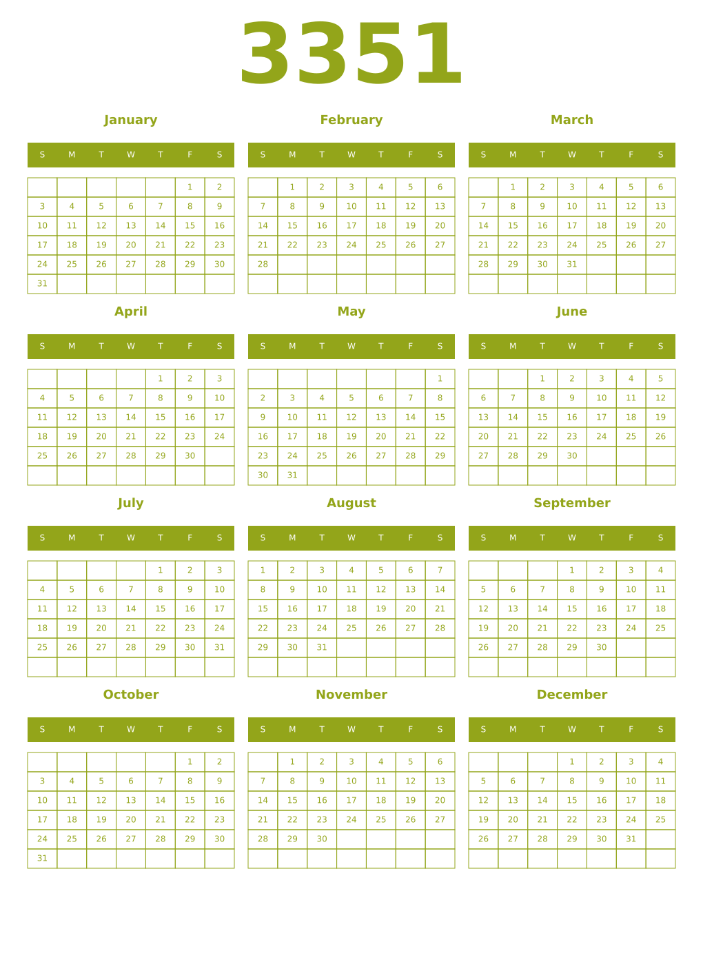 Printable 3351 Year Calendars chartreuse