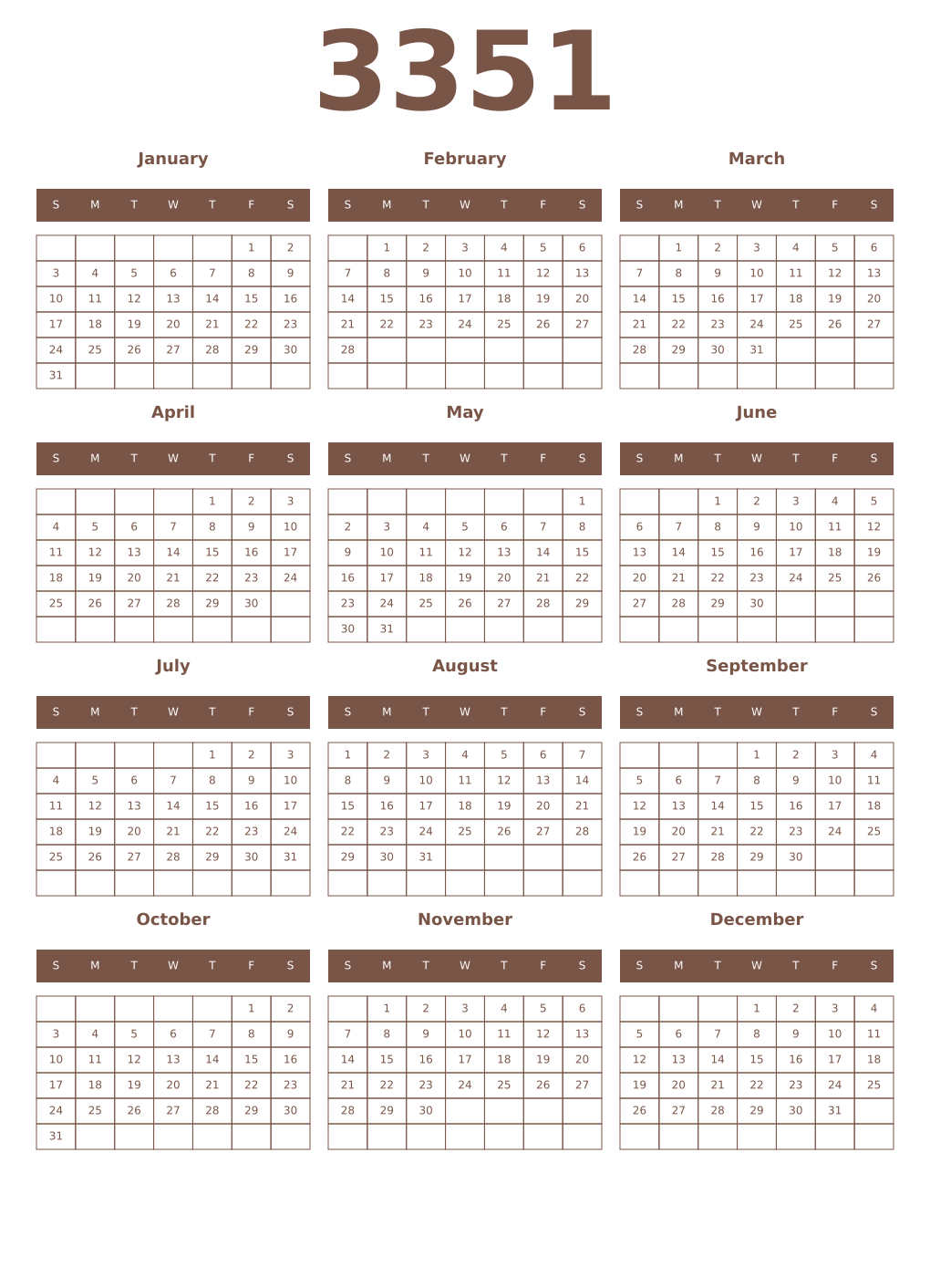 Printable 3351 Year Calendars coffe