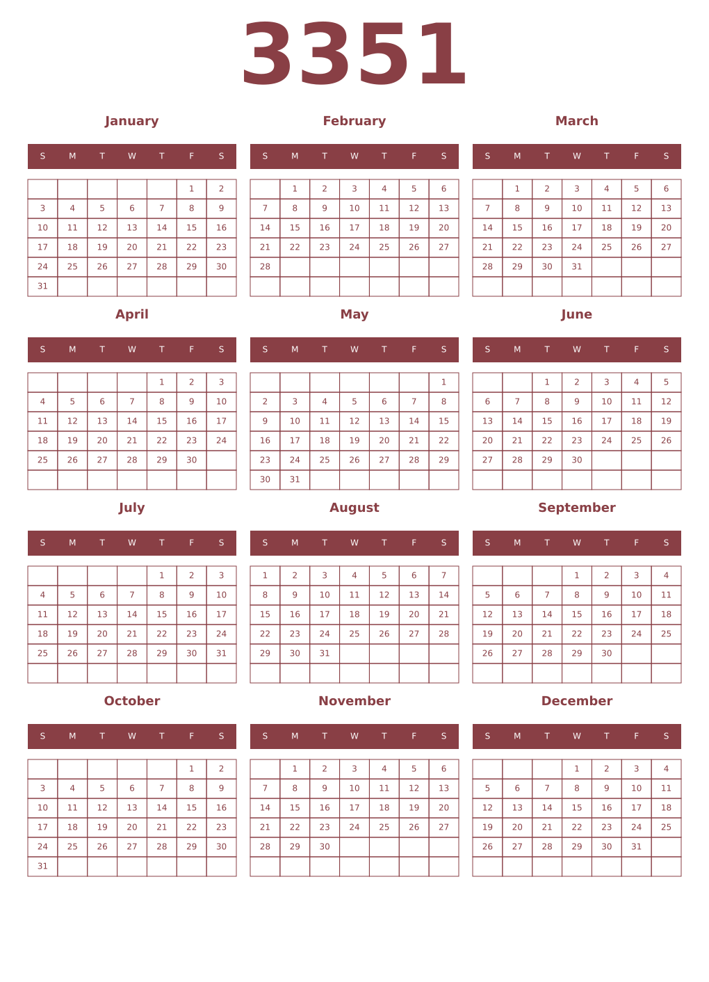 Printable 3351 Year Calendars cordovan