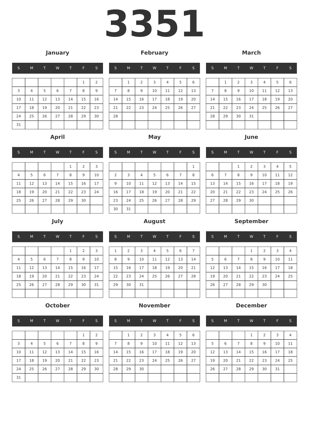 Printable 3351 Year Calendars dark