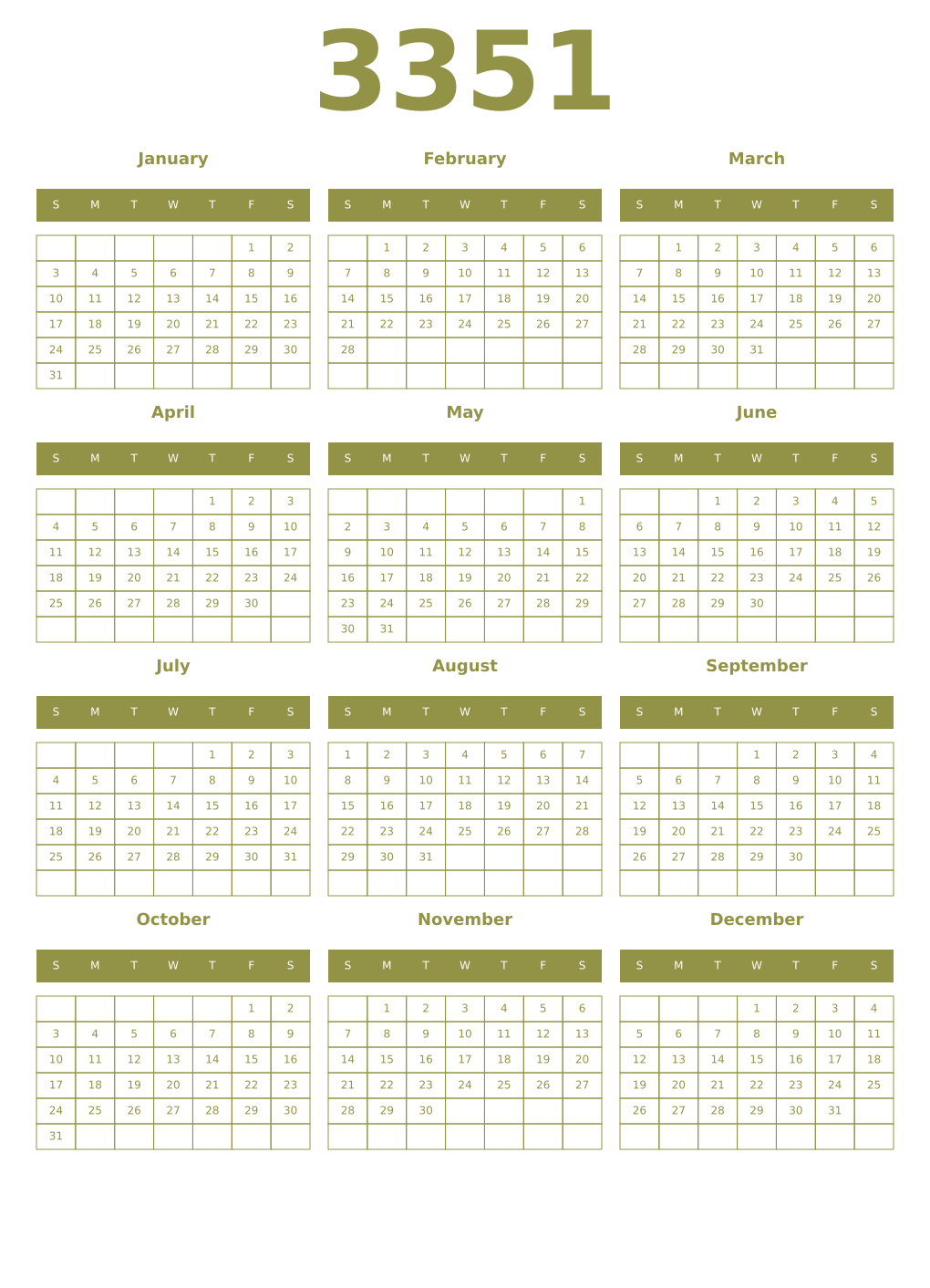 Printable 3351 Year Calendars eburnean